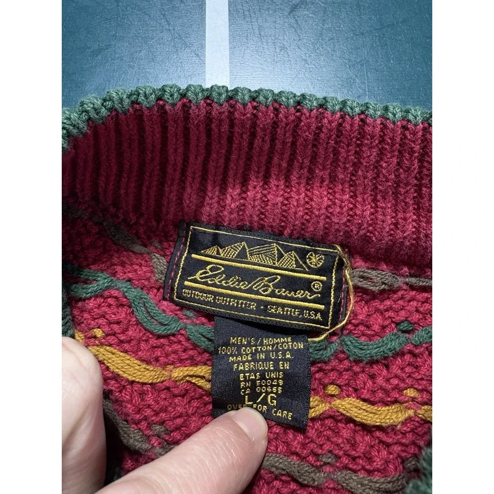 Vintage 80s Eddie Bauer Birdseye Sweater Men's Large Ribbed Multi Color USA Made - Picture 4 of 11